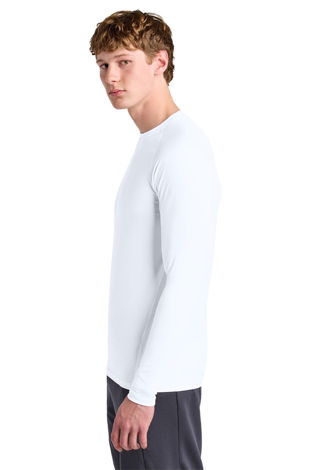 Sport-Tek ST120LS Mens PosiCharge Compression Long Sleeve Crewneck T-Shirt White Model Side