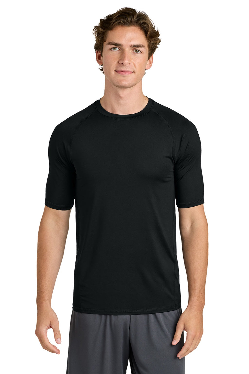 Sport-Tek ST120 Mens PosiCharge Compression Short Sleeve Crewneck T-Shirt Black Model Front