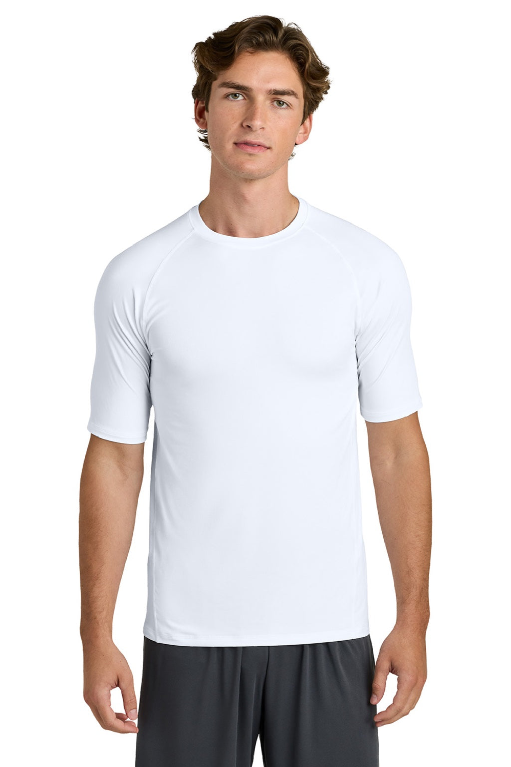 Sport-Tek ST120 Mens PosiCharge Compression Short Sleeve Crewneck T-Shirt White Model Front
