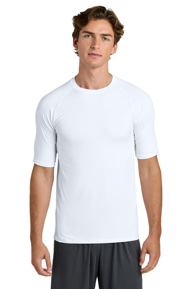 Sport-Tek ST120 Mens PosiCharge Compression Short Sleeve Crewneck T-Shirt White Model Front