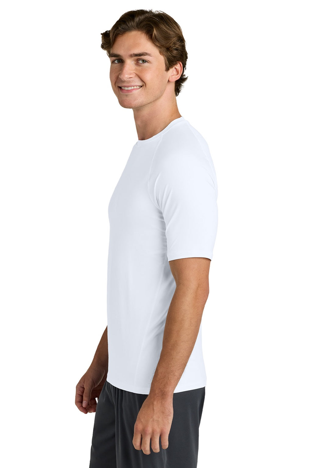 Sport-Tek ST120 Mens PosiCharge Compression Short Sleeve Crewneck T-Shirt White Model Side