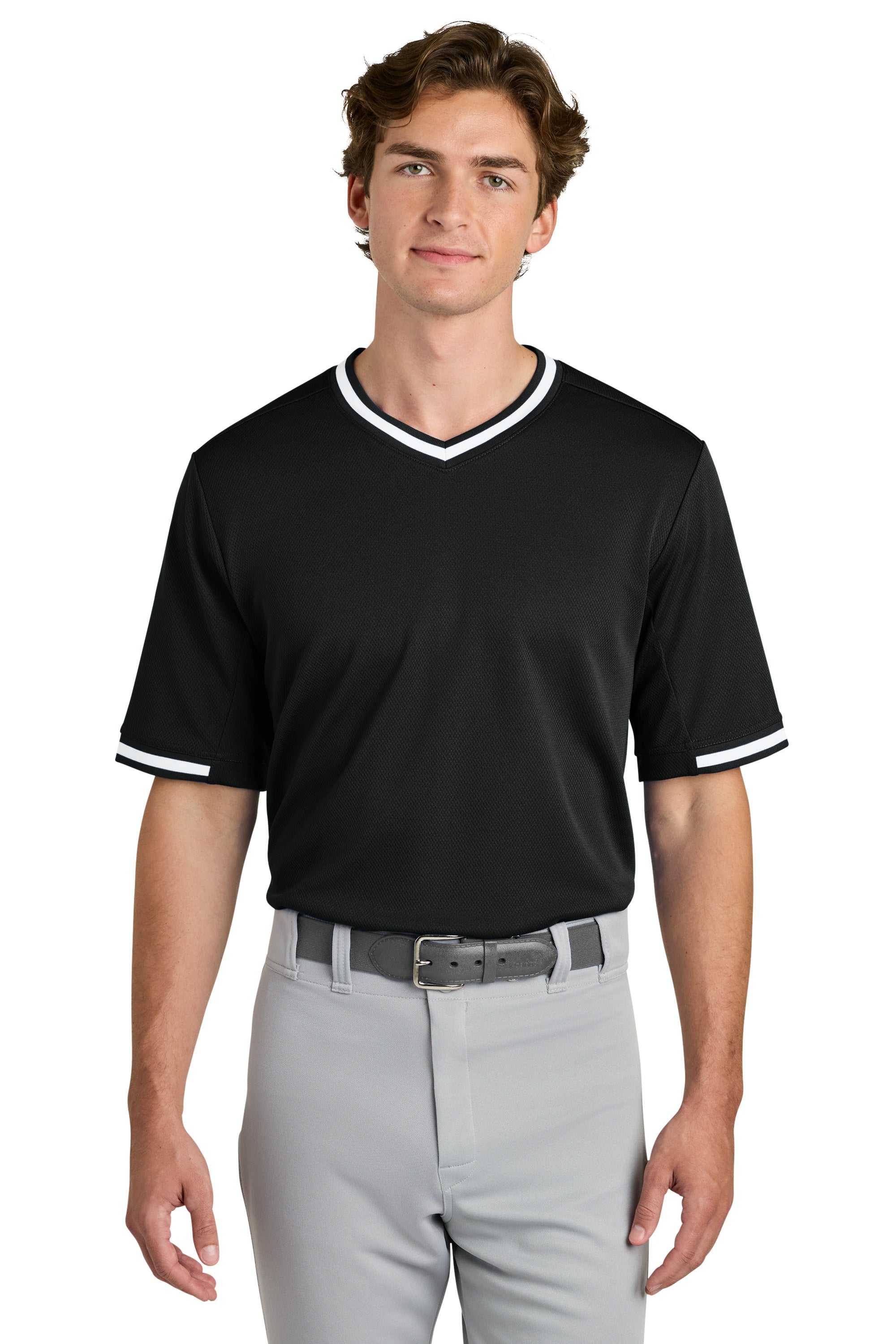 Sport-Tek ST221 Mens Tough Mesh V-Neck Baseball Jersey Black Model Front