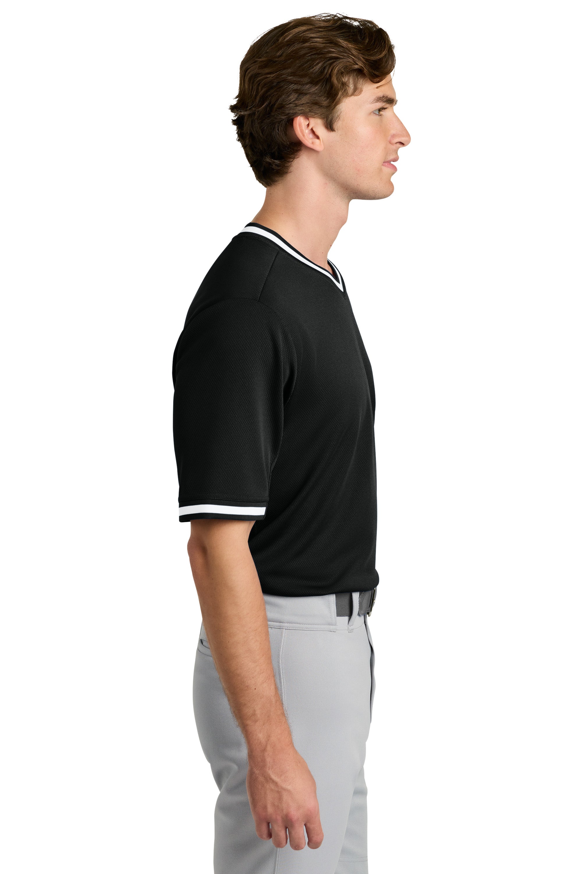 Sport-Tek ST221 Mens Tough Mesh V-Neck Baseball Jersey Black Model Side