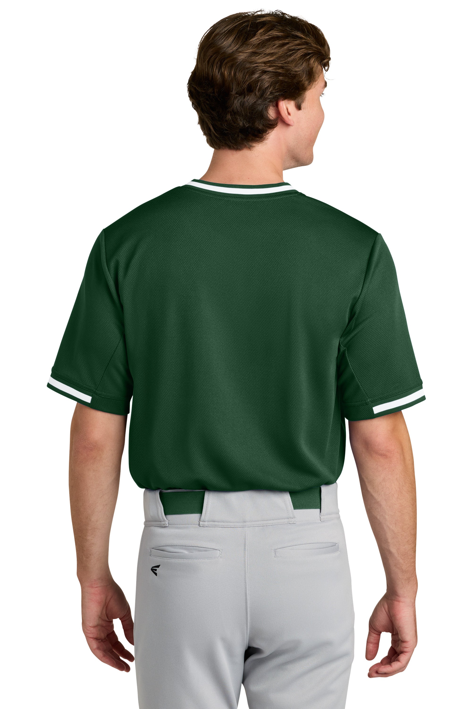 Sport-Tek ST221 Mens Tough Mesh V-Neck Baseball Jersey Forest Green Model Back