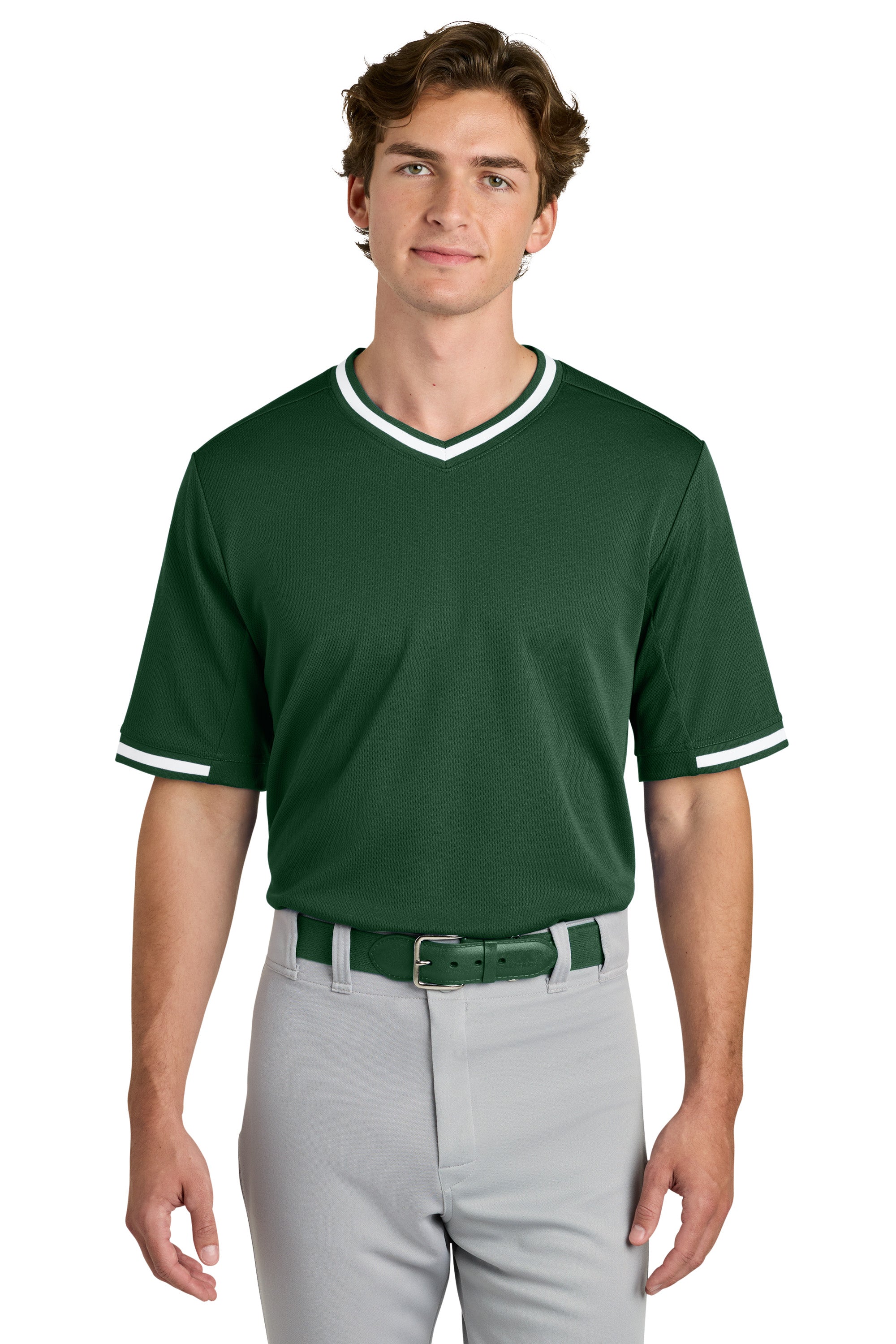 Sport-Tek ST221 Mens Tough Mesh V-Neck Baseball Jersey Forest Green Model Front