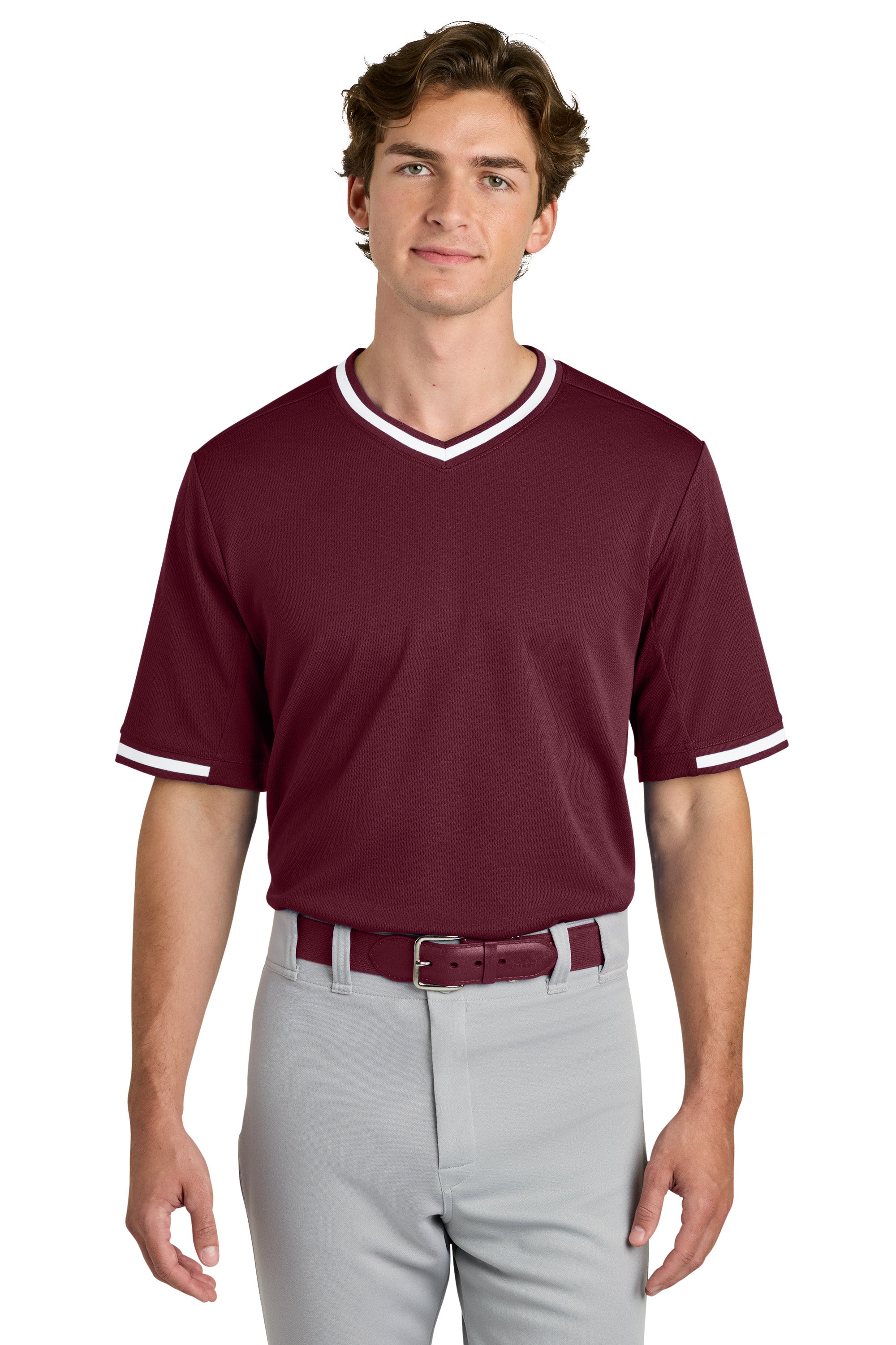 Sport-Tek ST221 Mens Tough Mesh V-Neck Baseball Jersey Maroon Model Front
