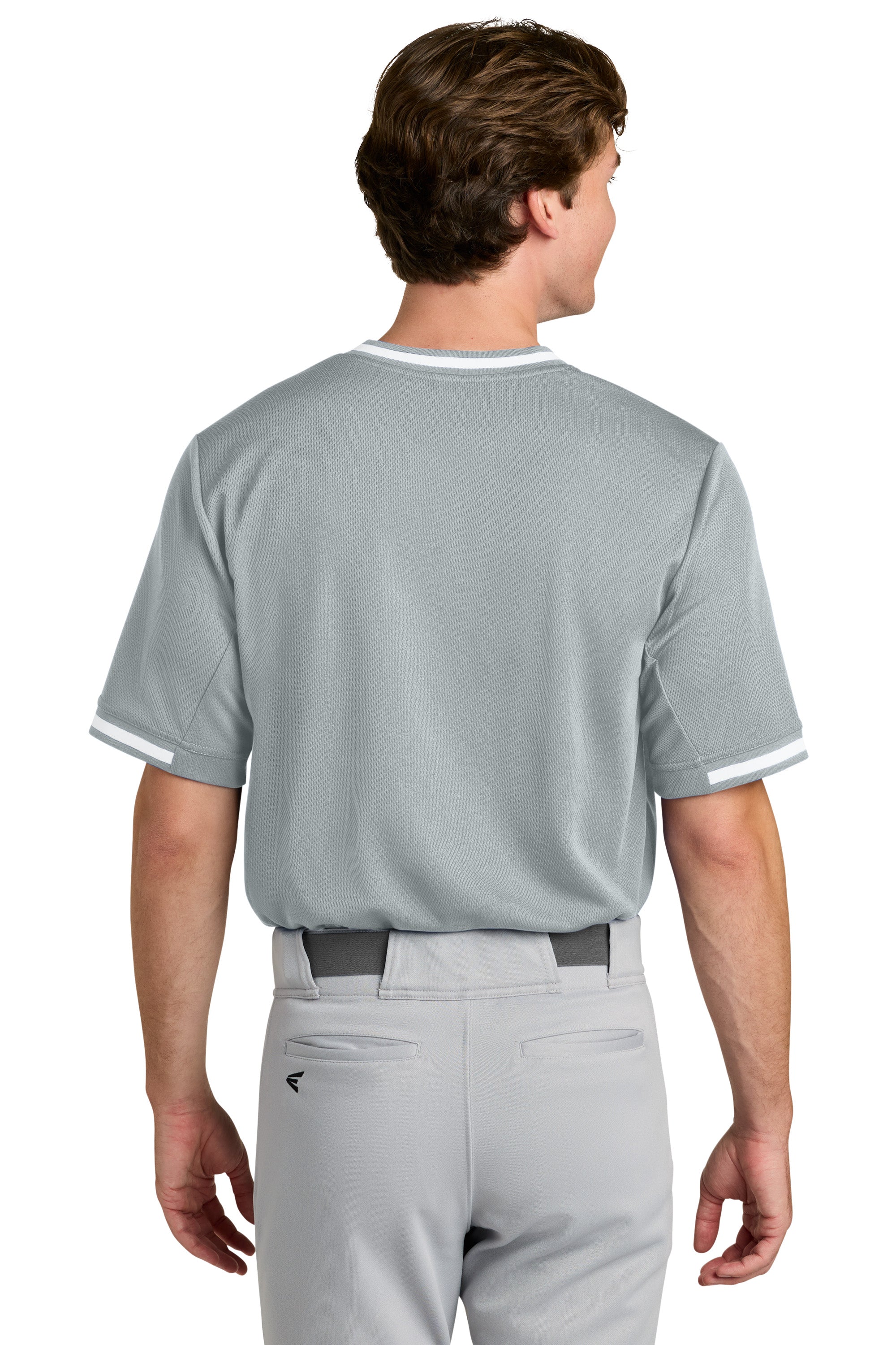 Sport-Tek ST221 Mens Tough Mesh V-Neck Baseball Jersey Silver Grey Model Back