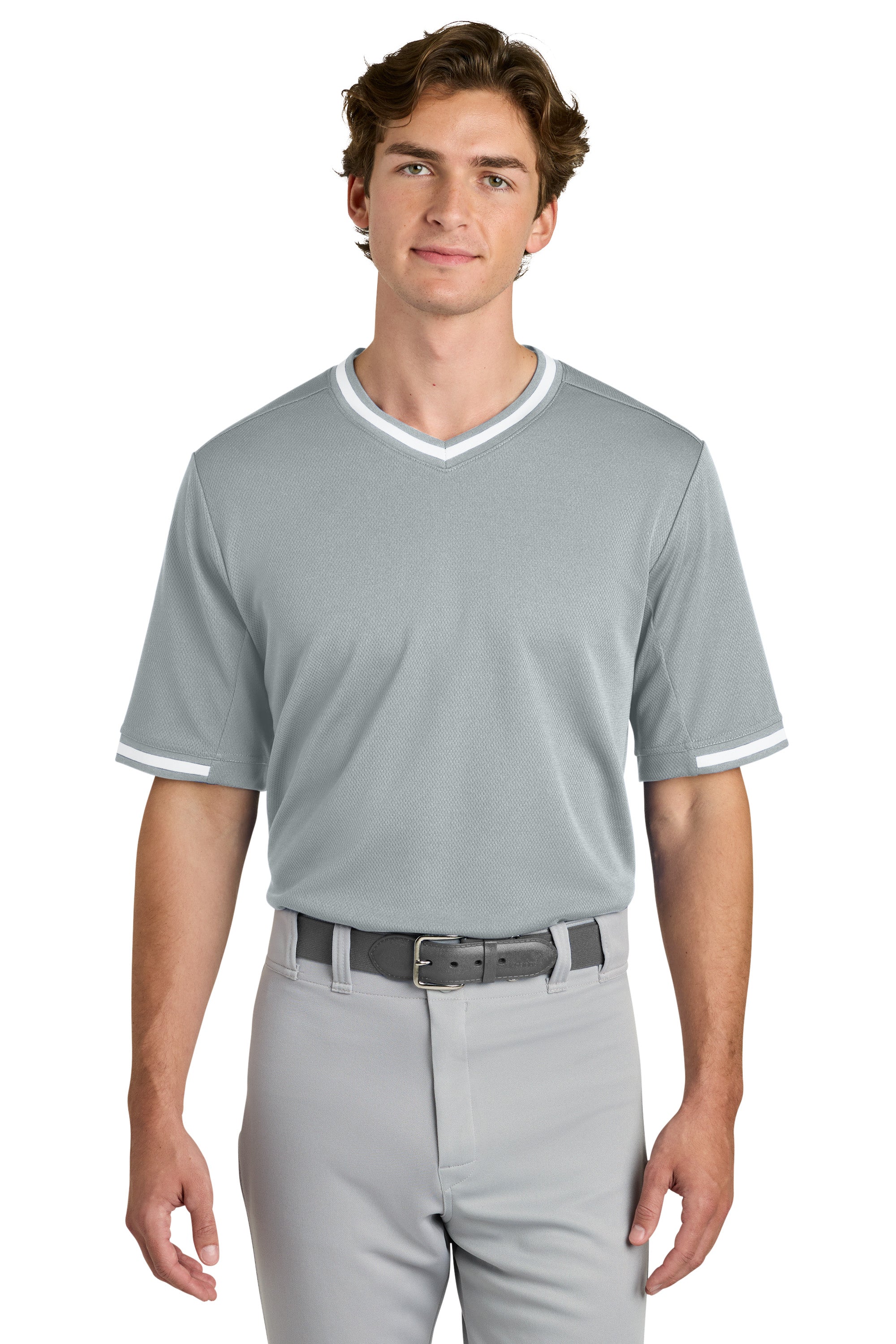 Sport-Tek ST221 Mens Tough Mesh V-Neck Baseball Jersey Silver Grey Model Front