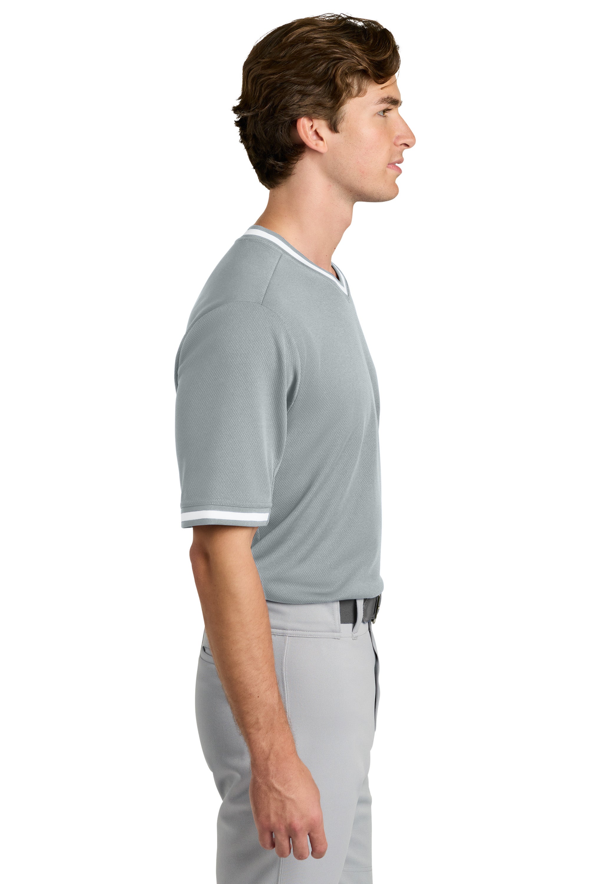 Sport-Tek ST221 Mens Tough Mesh V-Neck Baseball Jersey Silver Grey Model Side