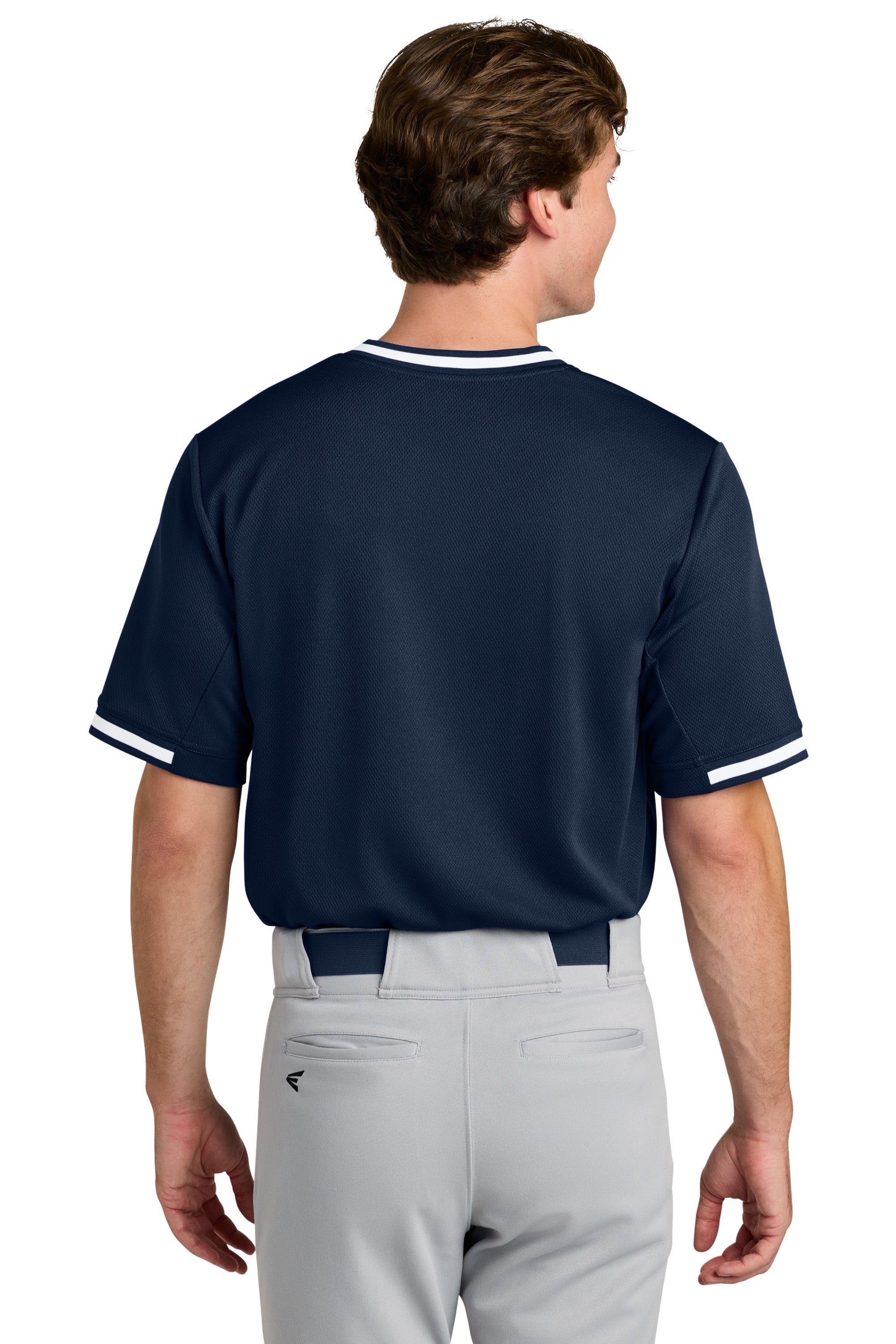 Sport-Tek ST221 Mens Tough Mesh V-Neck Baseball Jersey True Navy Blue Model Back
