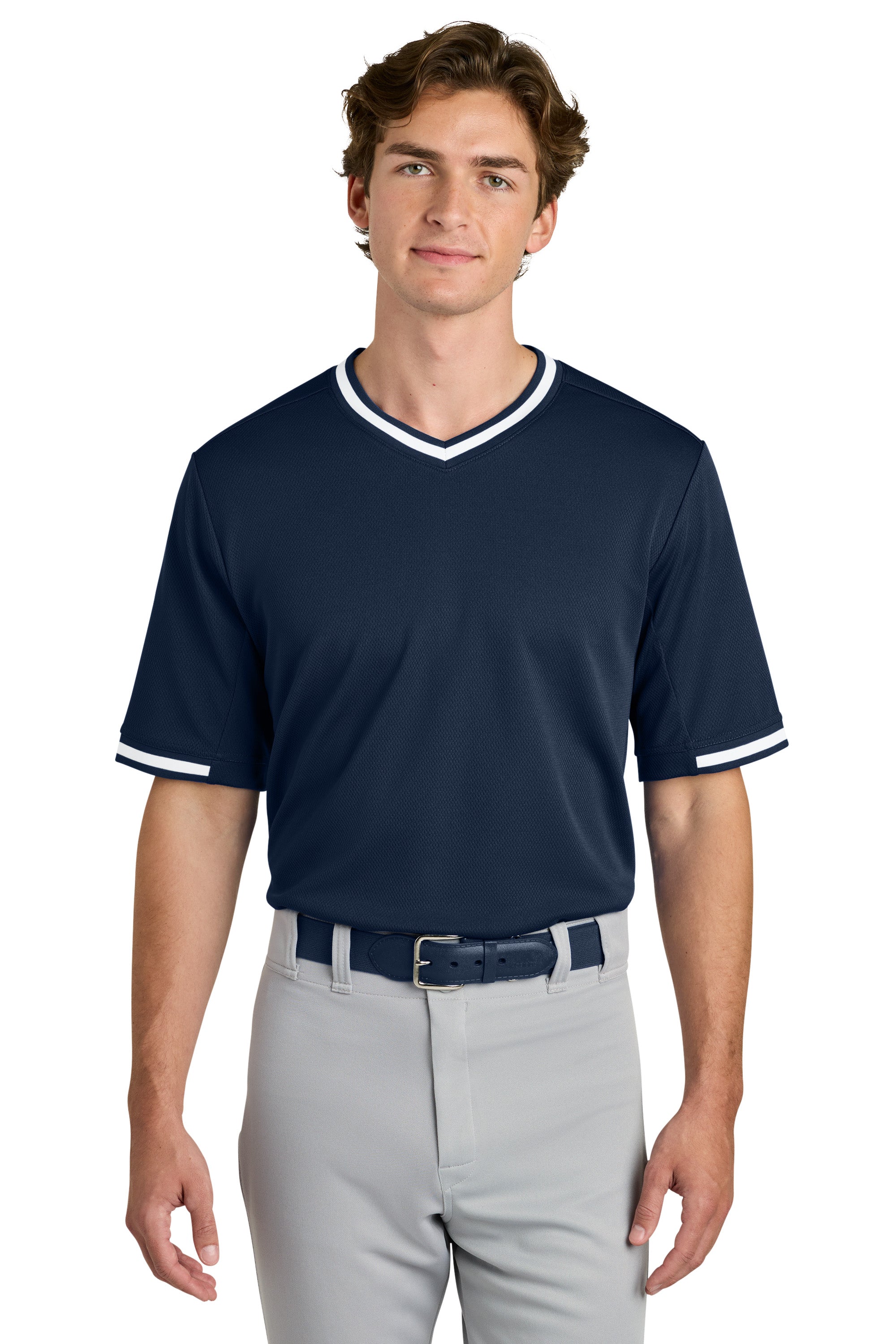 Sport-Tek ST221 Mens Tough Mesh V-Neck Baseball Jersey True Navy Blue Model Front
