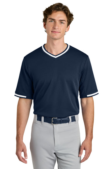 Sport-Tek ST221 Mens Tough Mesh V-Neck Baseball Jersey True Navy Blue Model Front