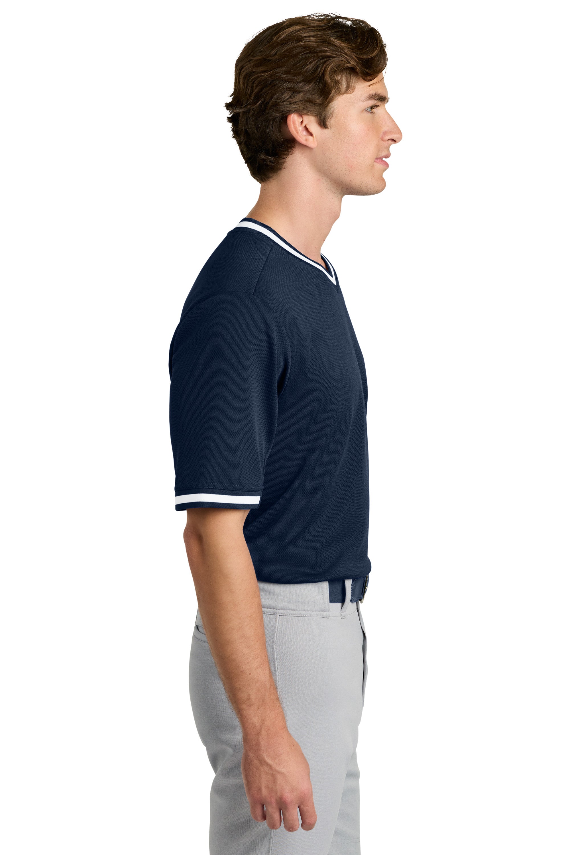 Sport-Tek ST221 Mens Tough Mesh V-Neck Baseball Jersey True Navy Blue Model Side