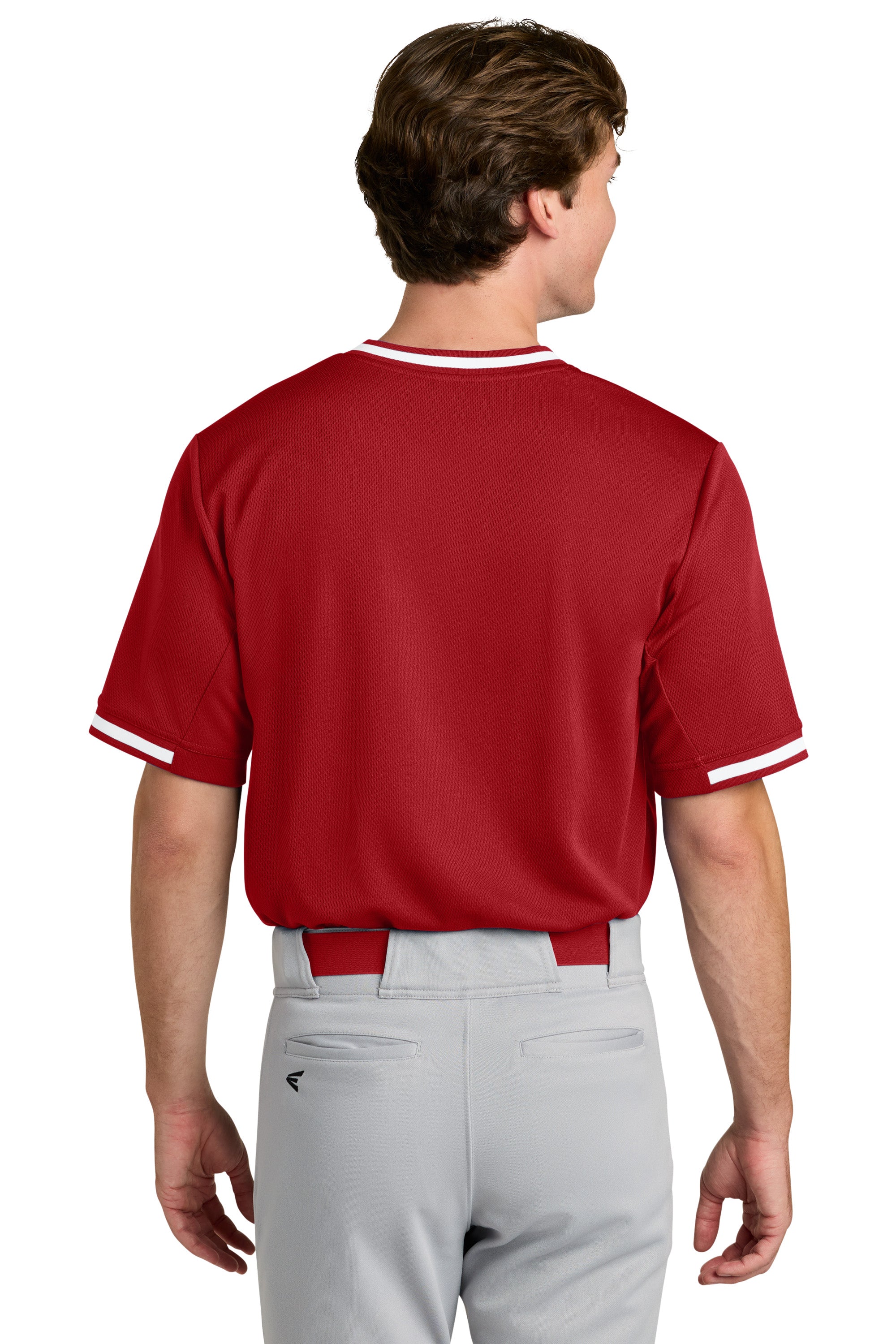 Sport-Tek ST221 Mens Tough Mesh V-Neck Baseball Jersey True Red Model Back