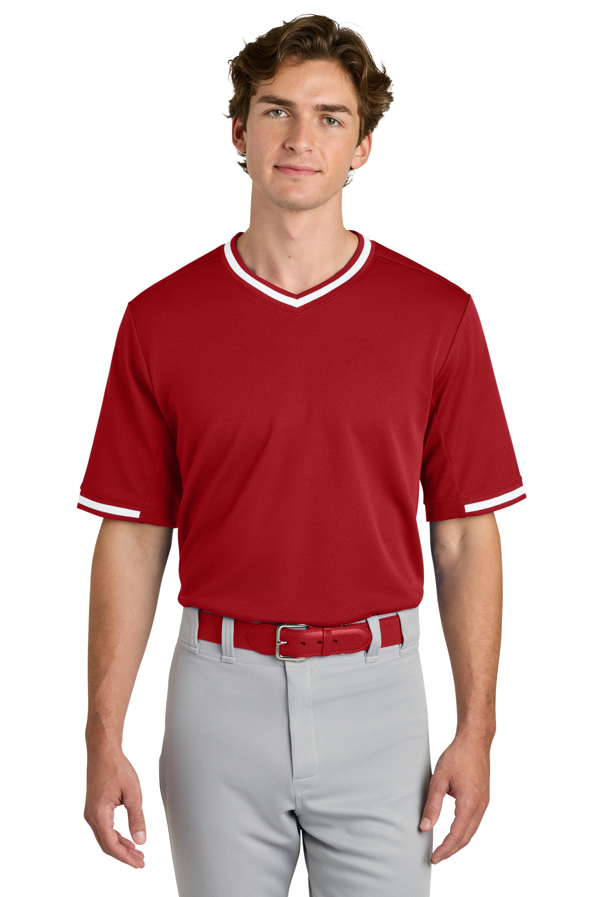 Sport-Tek ST221 Mens Tough Mesh V-Neck Baseball Jersey True Red Model Front