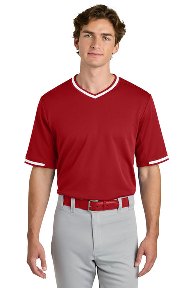 Sport-Tek ST221 Mens Tough Mesh V-Neck Baseball Jersey True Red Model Front