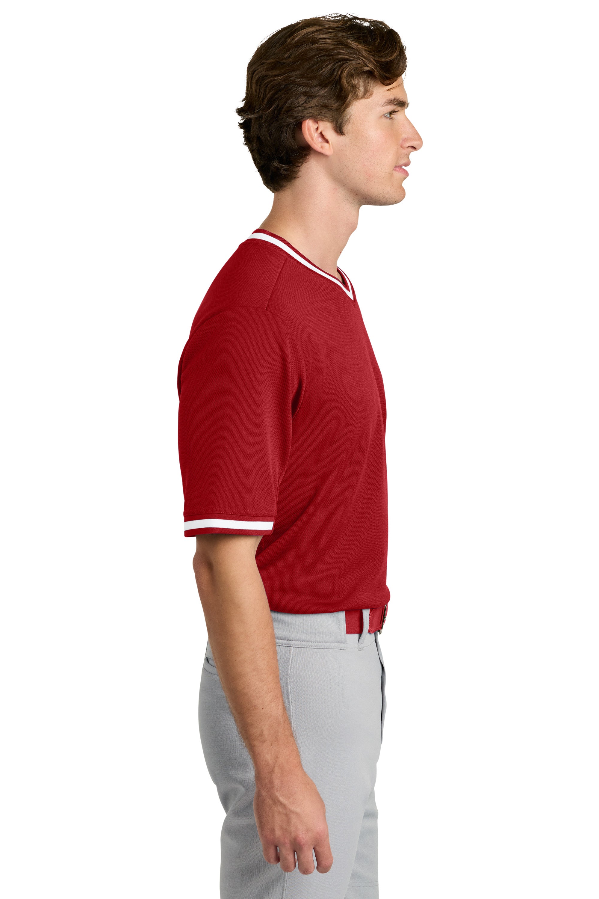 Sport-Tek ST221 Mens Tough Mesh V-Neck Baseball Jersey True Red Model Side