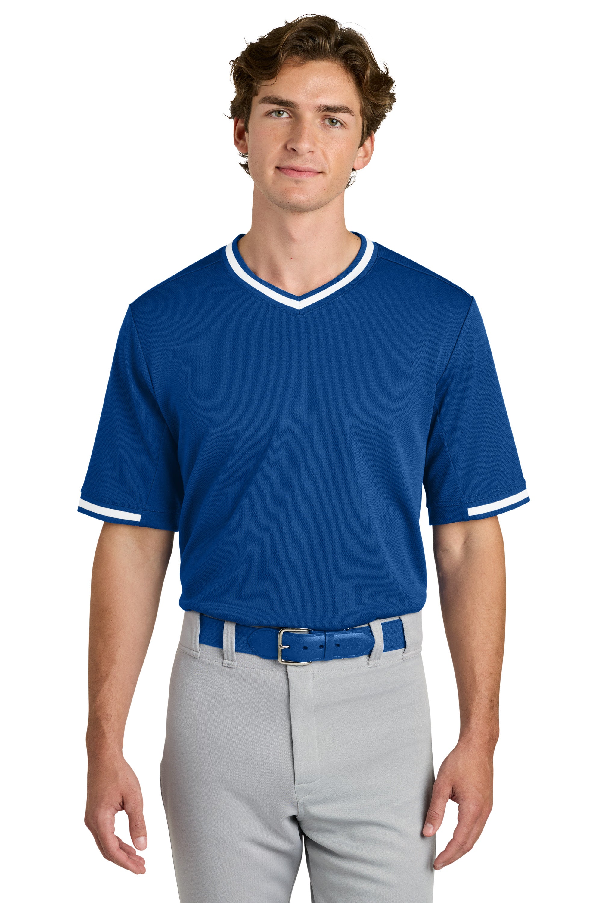 Sport-Tek ST221 Mens Tough Mesh V-Neck Baseball Jersey True Royal Blue Model Front
