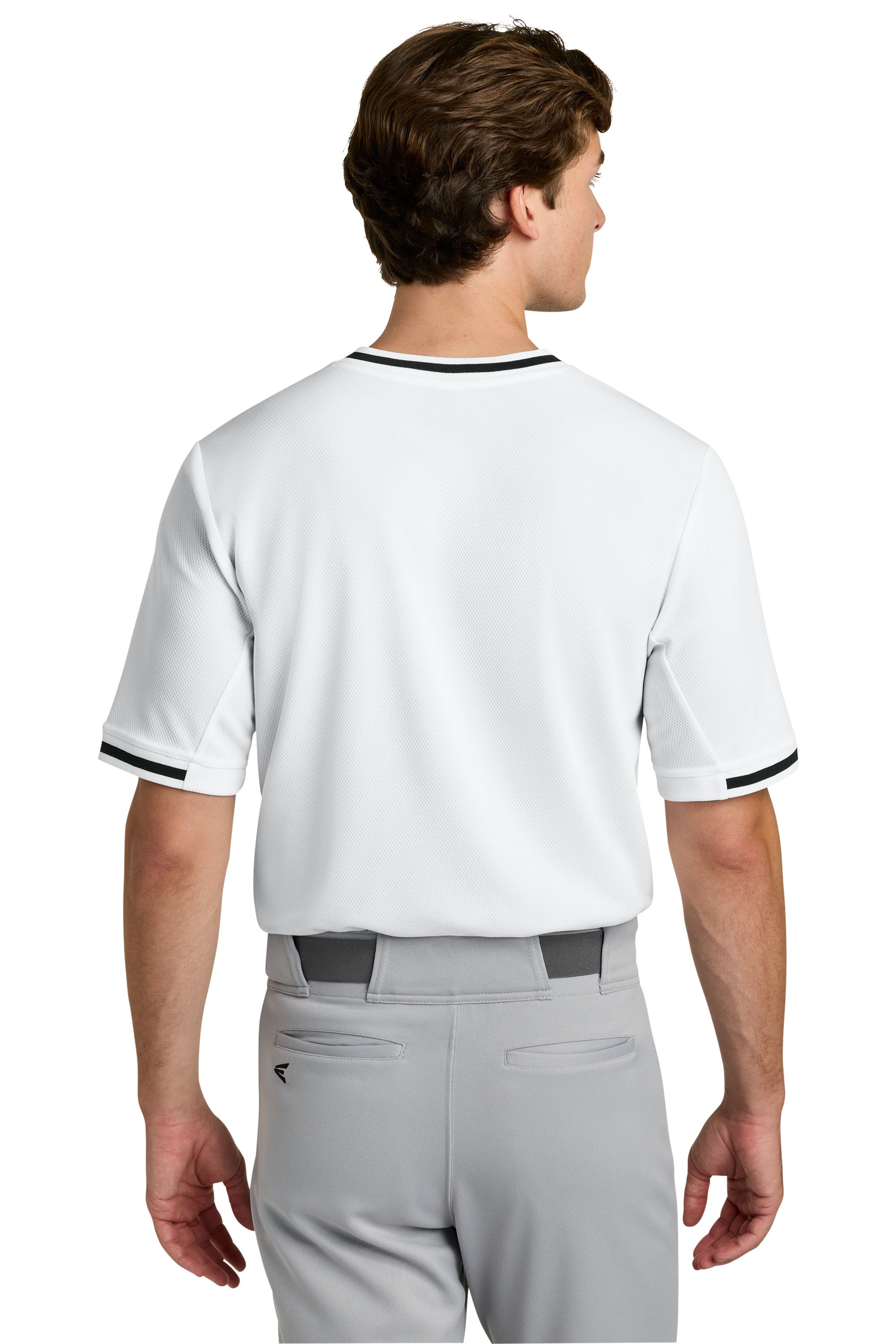 Sport-Tek ST221 Mens Tough Mesh V-Neck Baseball Jersey White Model Back
