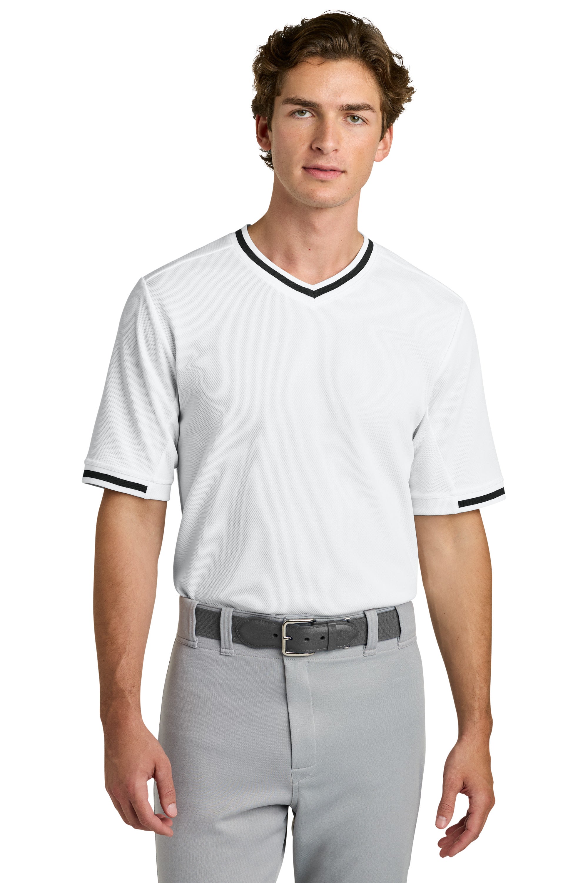 Sport-Tek ST221 Mens Tough Mesh V-Neck Baseball Jersey White Model Front