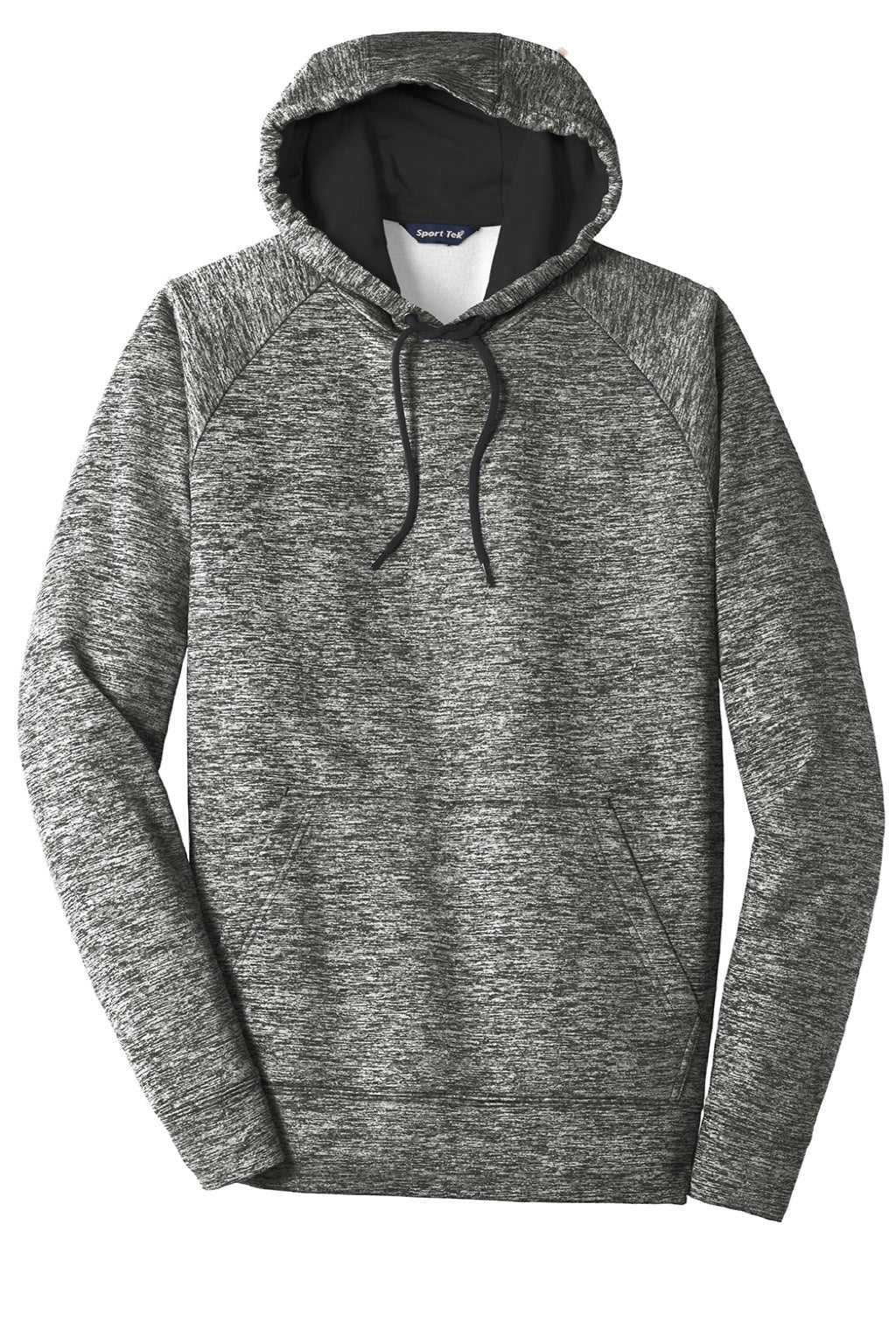 Sport-Tek ST225 Mens Electric Heather Moisture Wicking Fleece Hooded Sweatshirt Hoodie w/ Pouch Pocket Black Electric Flat Front