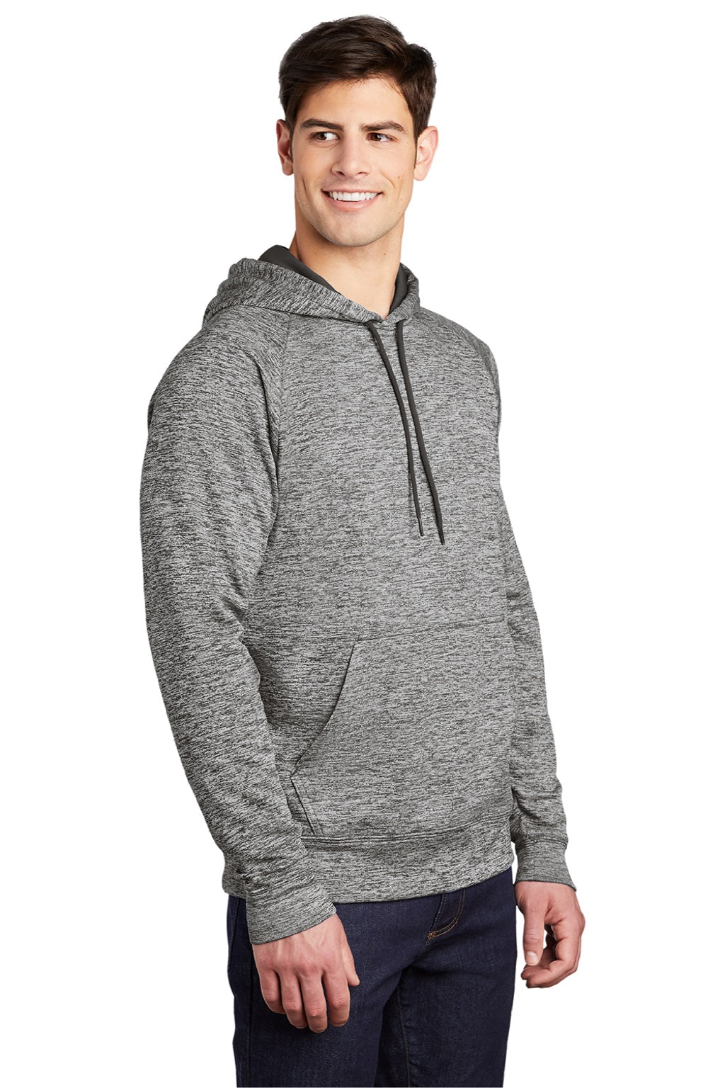 Sport-Tek ST225 Mens Electric Heather Moisture Wicking Fleece Hooded Sweatshirt Hoodie w/ Pouch Pocket Black Electric Model 3q
