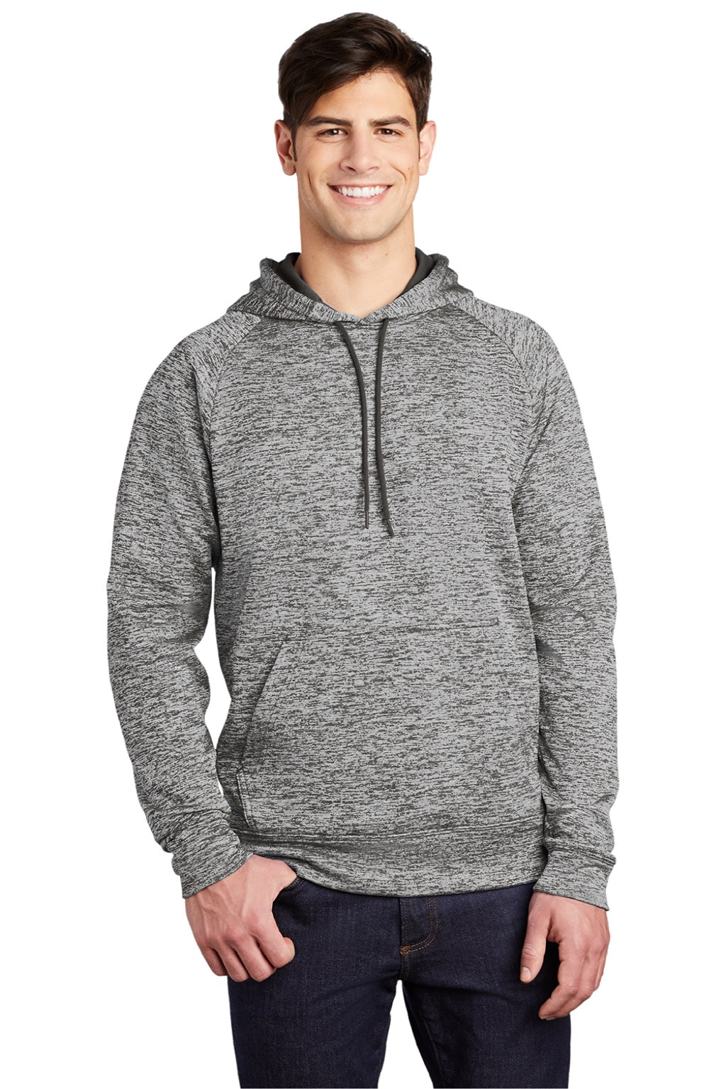 Sport-Tek ST225 Mens Electric Heather Moisture Wicking Fleece Hooded Sweatshirt Hoodie w/ Pouch Pocket Black Electric Model Front