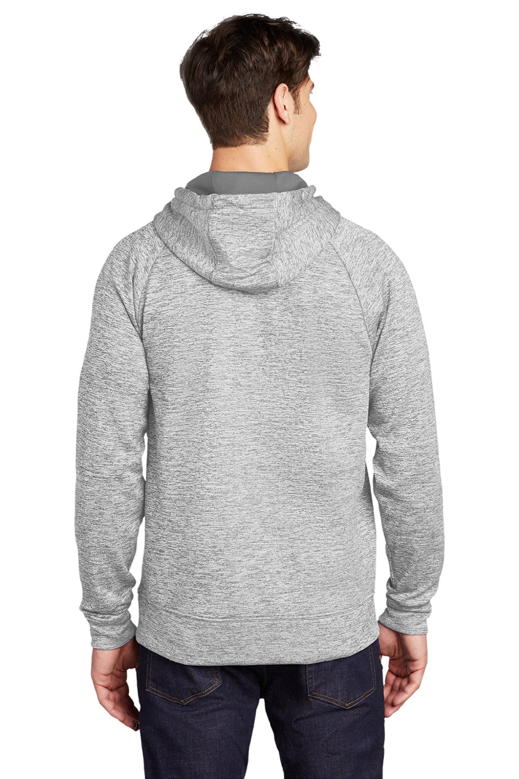 Sport-Tek ST225 Mens Electric Heather Moisture Wicking Fleece Hooded Sweatshirt Hoodie w/ Pouch Pocket Silver Grey Electric Model Back