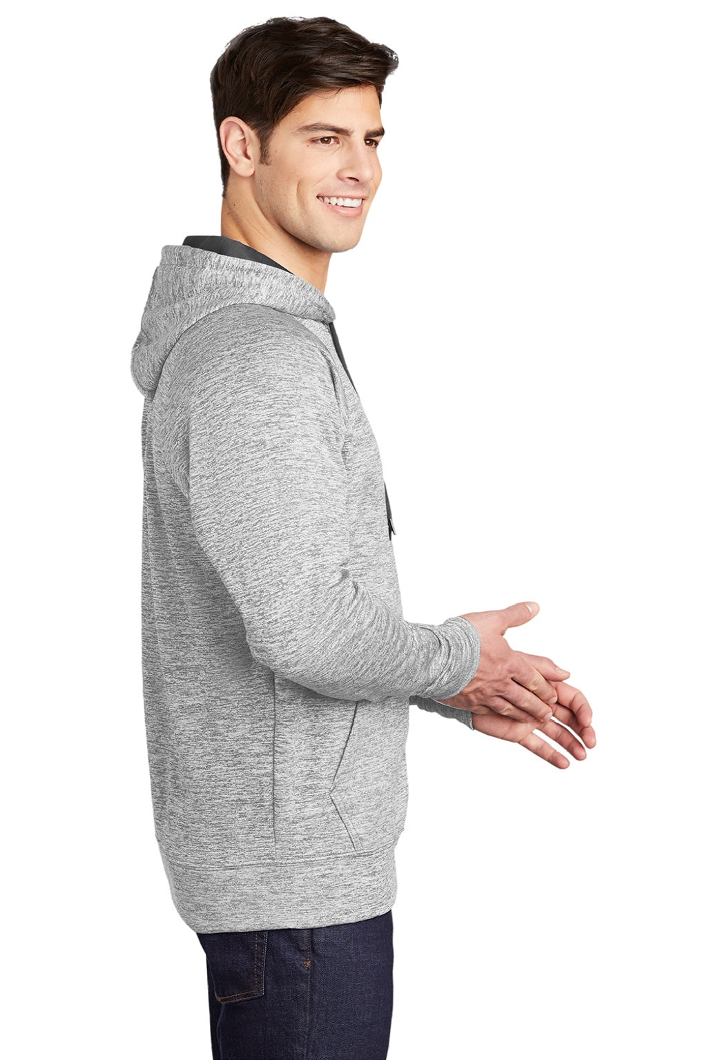 Sport-Tek ST225 Mens Electric Heather Moisture Wicking Fleece Hooded Sweatshirt Hoodie w/ Pouch Pocket Silver Grey Electric Model Side