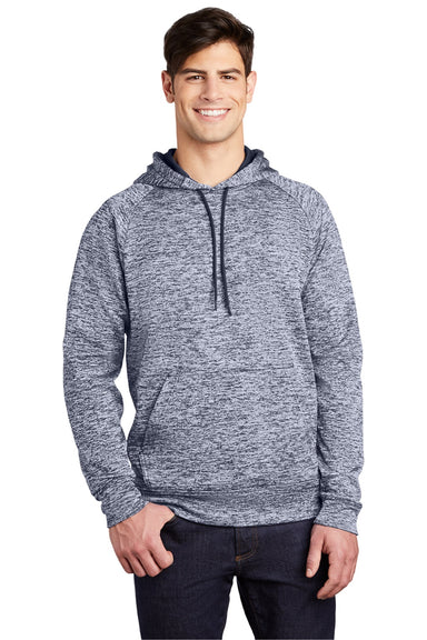 Sport-Tek ST225 Mens Electric Heather Moisture Wicking Fleece Hooded Sweatshirt Hoodie w/ Pouch Pocket True Navy Blue Electric Model Front