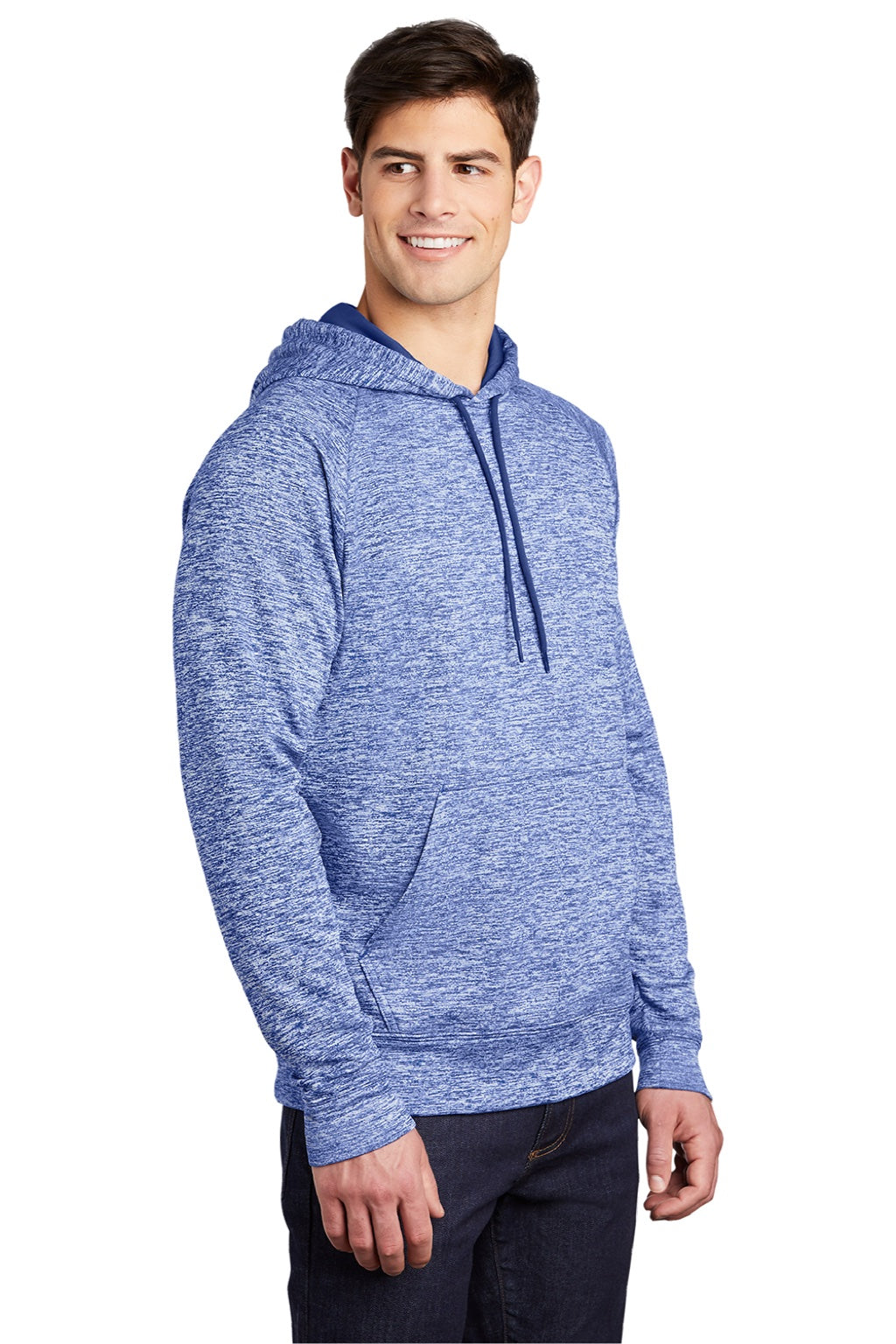 Sport-Tek ST225 Mens Electric Heather Moisture Wicking Fleece Hooded Sweatshirt Hoodie w/ Pouch Pocket True Royal Blue Electric Model 3q