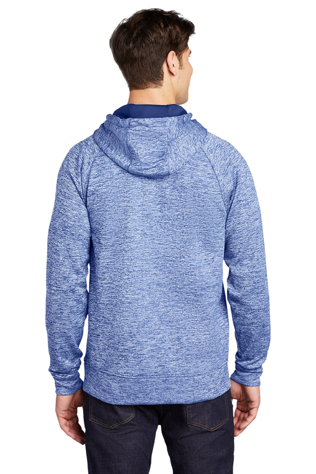 Sport-Tek ST225 Mens Electric Heather Moisture Wicking Fleece Hooded Sweatshirt Hoodie w/ Pouch Pocket True Royal Blue Electric Model Back