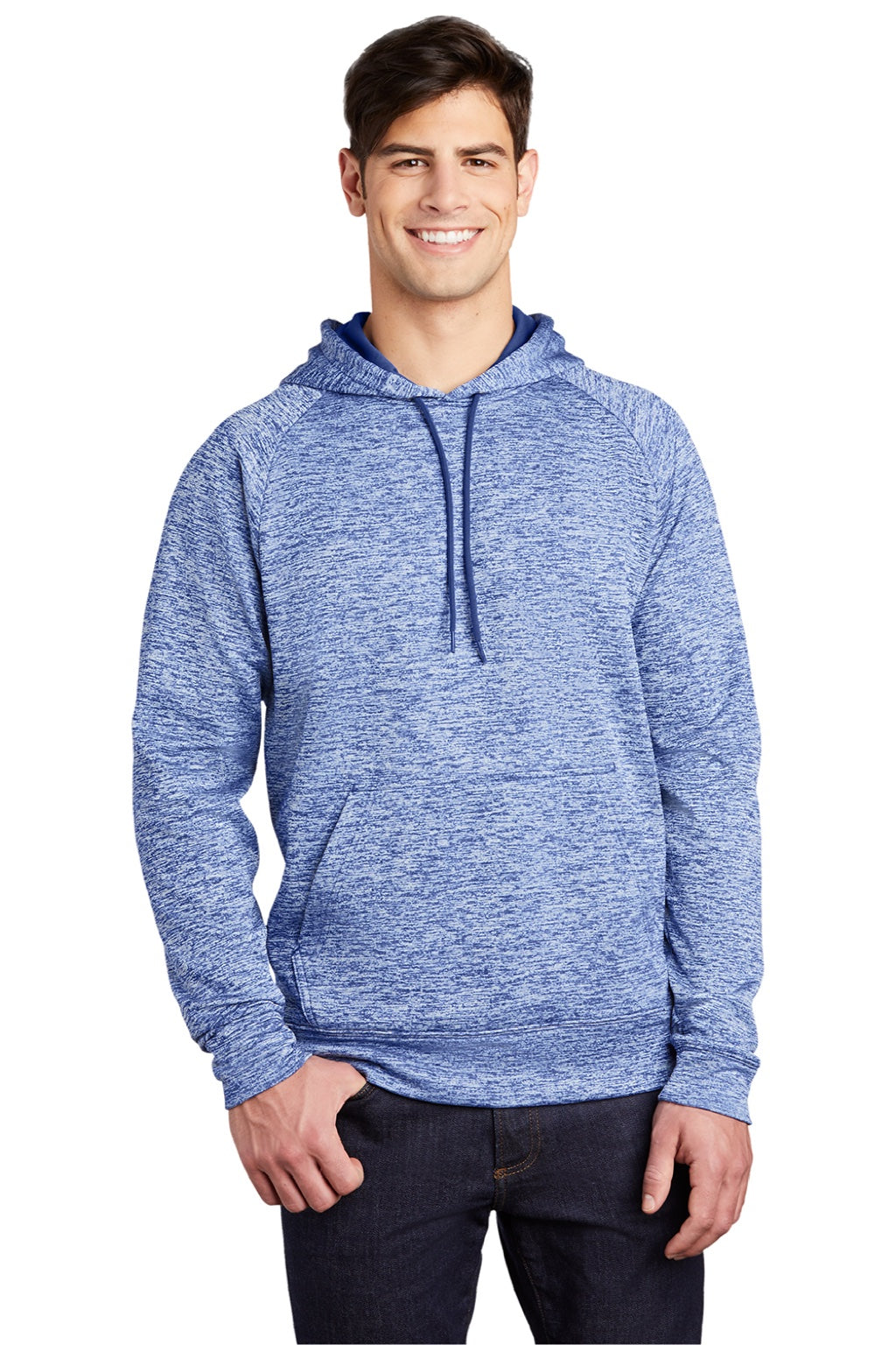 Sport-Tek ST225 Mens Electric Heather Moisture Wicking Fleece Hooded Sweatshirt Hoodie w/ Pouch Pocket True Royal Blue Electric Model Front