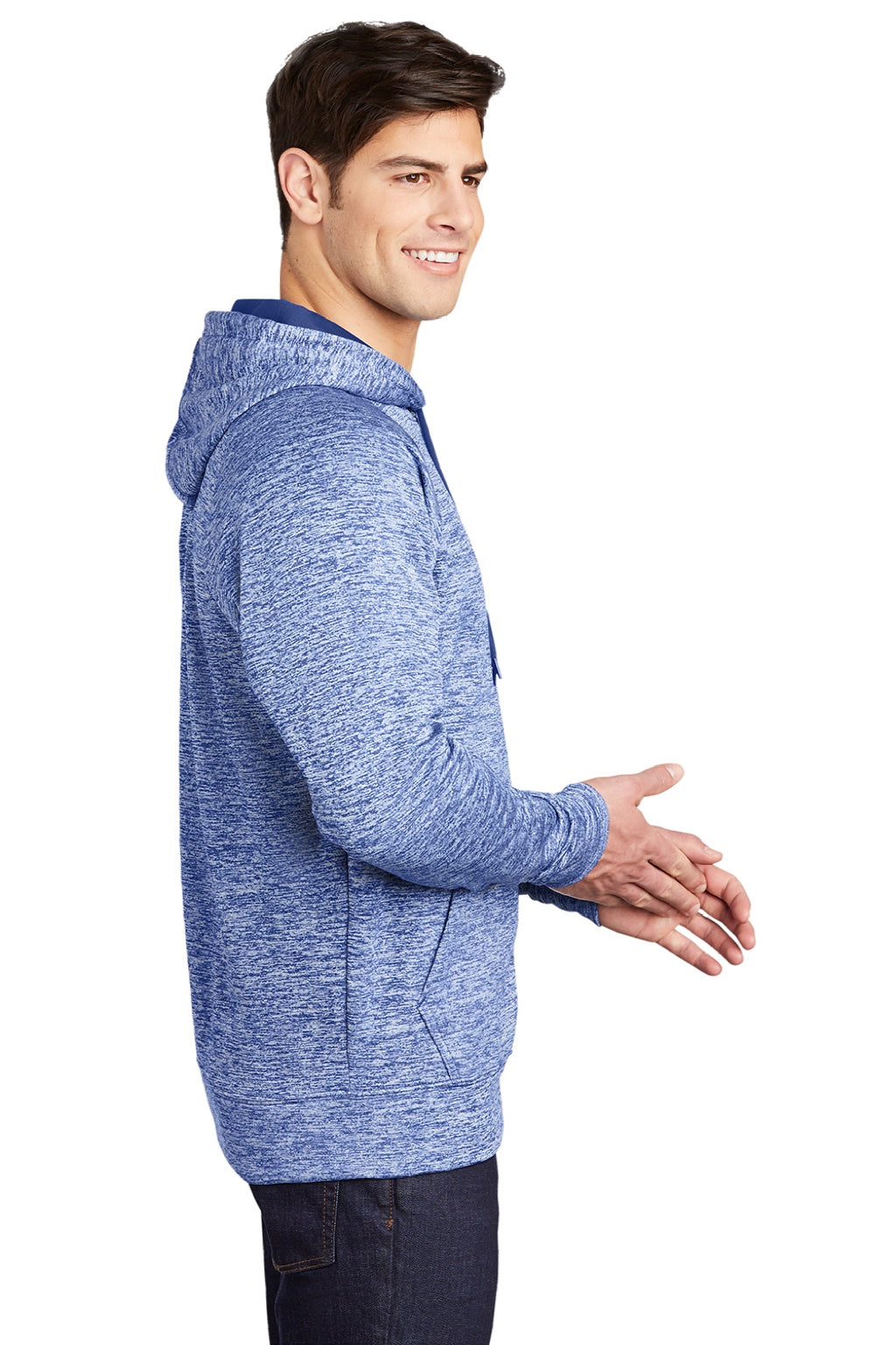 Sport-Tek ST225 Mens Electric Heather Moisture Wicking Fleece Hooded Sweatshirt Hoodie w/ Pouch Pocket True Royal Blue Electric Model Side