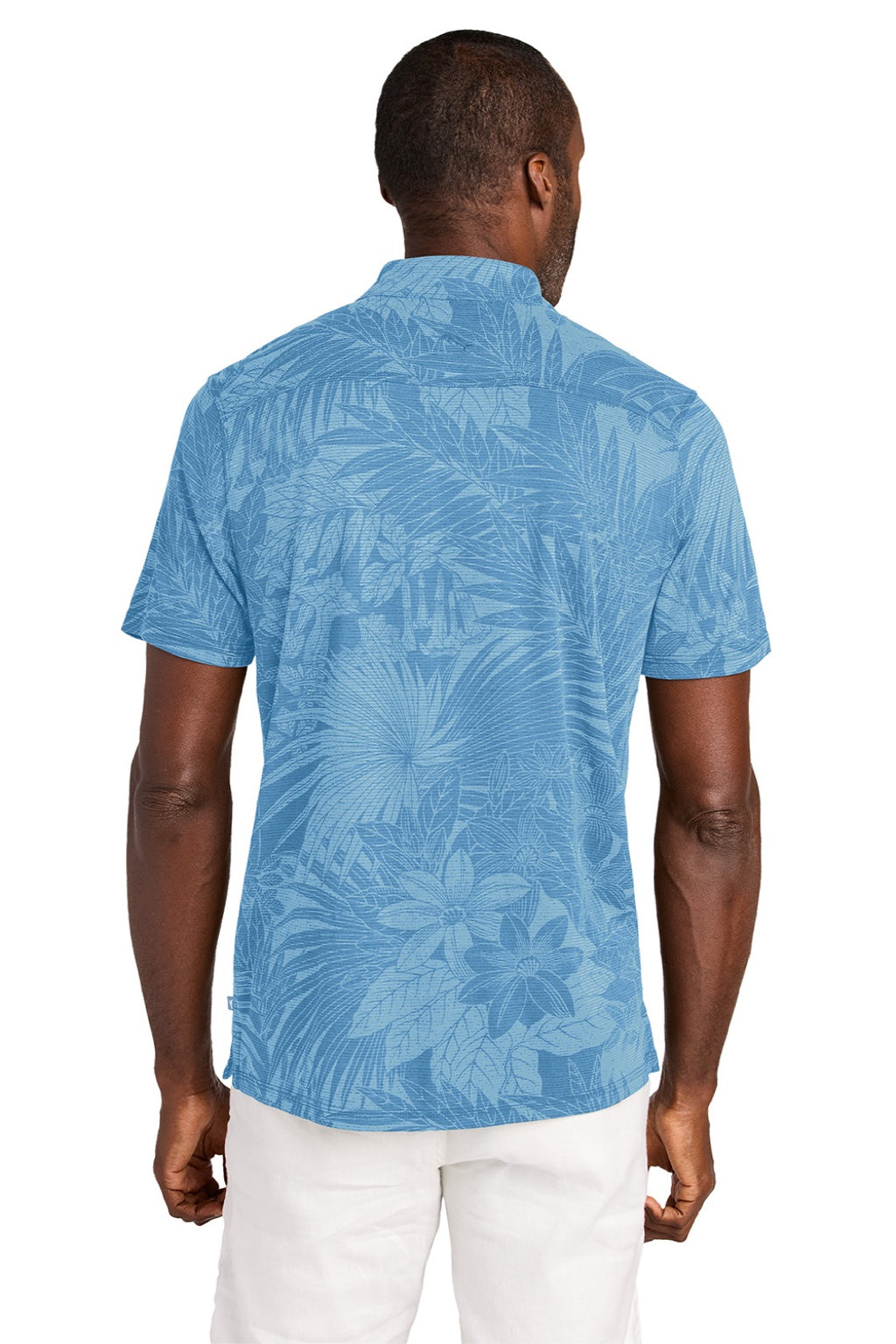 Tommy Bahama ST227544TB Mens Santiago Paradise Moisture Wicking Short Sleeve Polo Shirt Chambray Blue Model Back