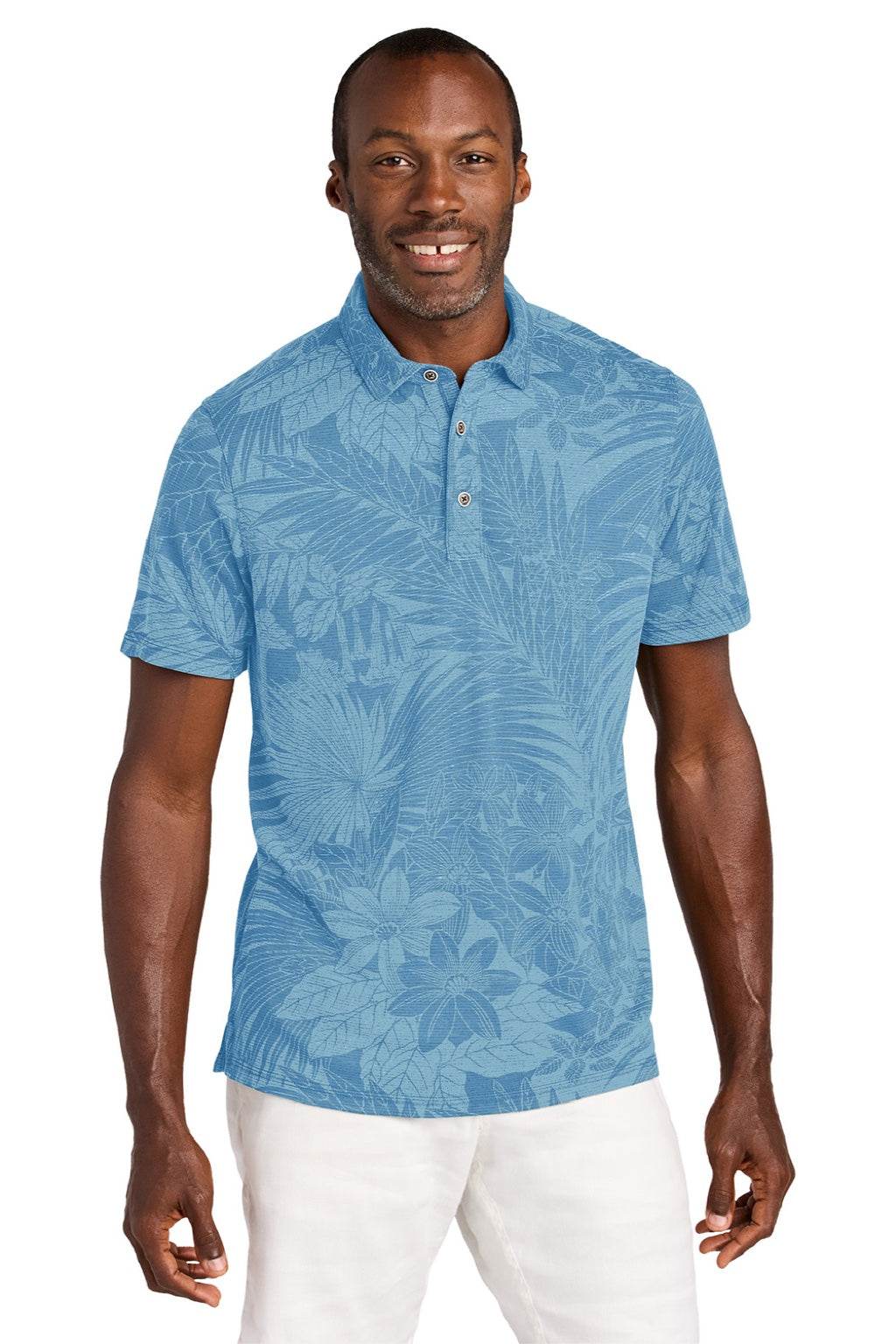 Tommy Bahama ST227544TB Mens Santiago Paradise Moisture Wicking Short Sleeve Polo Shirt Chambray Blue Model Front