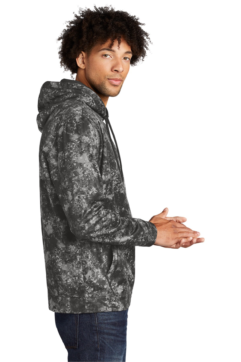 Sport-Tek ST230 Mens Sport-Wick Mineral Freeze Moisture Wicking Fleece Hooded Sweatshirt Hoodie w/ Pouch Pocket Black Model Side