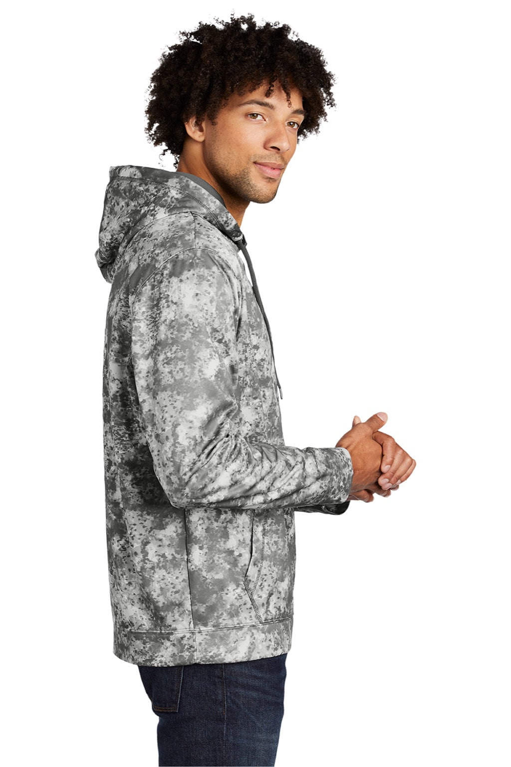 Sport-Tek ST230 Mens Sport-Wick Mineral Freeze Moisture Wicking Fleece Hooded Sweatshirt Hoodie w/ Pouch Pocket Dark Smoke Grey Model Side