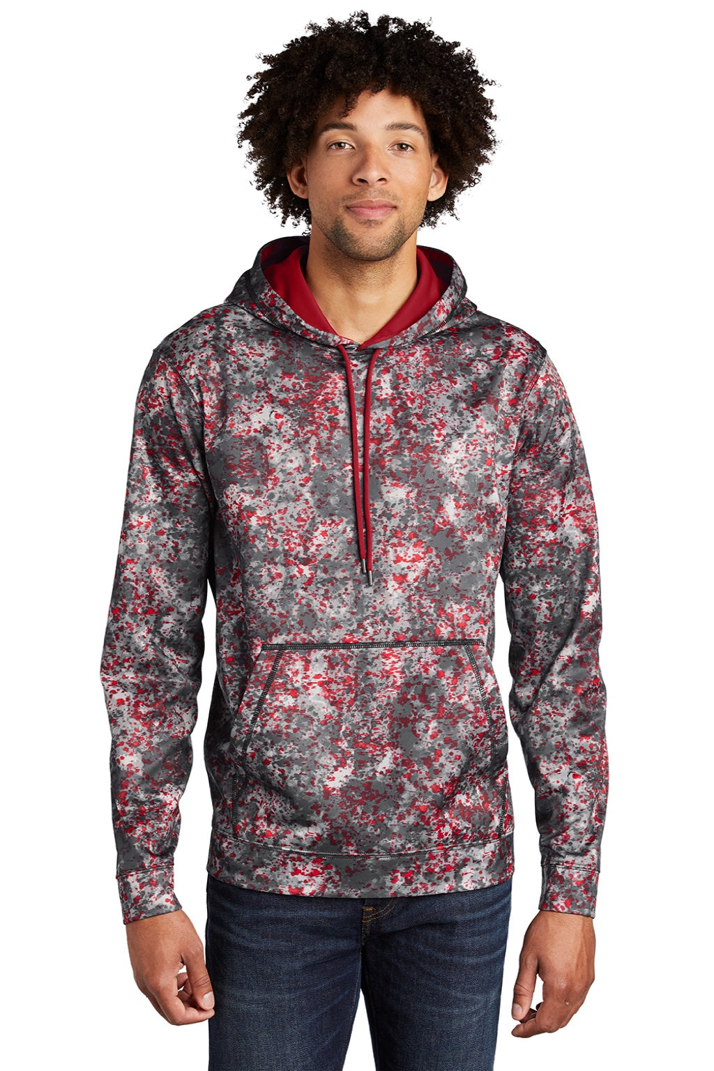 Sport-Tek ST230 Mens Sport-Wick Mineral Freeze Moisture Wicking Fleece Hooded Sweatshirt Hoodie w/ Pouch Pocket Deep Red Model Front