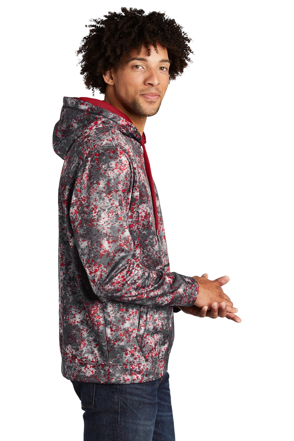 Sport-Tek ST230 Mens Sport-Wick Mineral Freeze Moisture Wicking Fleece Hooded Sweatshirt Hoodie w/ Pouch Pocket Deep Red Model Side