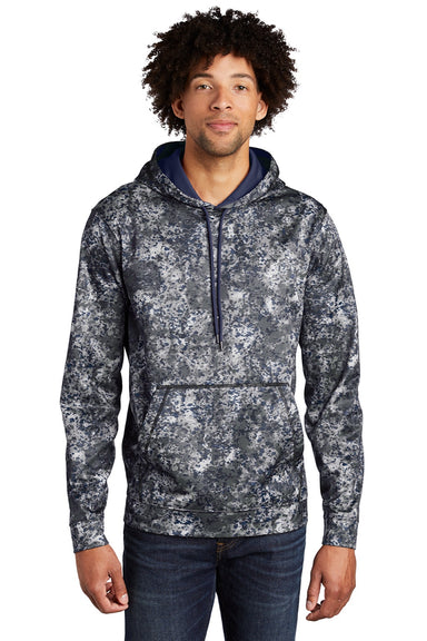 Sport-Tek ST230 Mens Sport-Wick Mineral Freeze Moisture Wicking Fleece Hooded Sweatshirt Hoodie w/ Pouch Pocket True Navy Blue Model Front