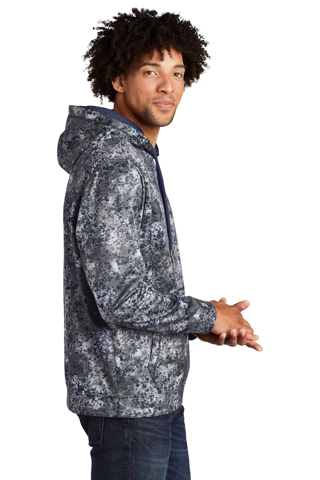 Sport-Tek ST230 Mens Sport-Wick Mineral Freeze Moisture Wicking Fleece Hooded Sweatshirt Hoodie w/ Pouch Pocket True Navy Blue Model Side