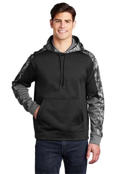 Sport-Tek ST231 Mens Sport-Wick Mineral Freeze Moisture Wicking Fleece Hooded Sweatshirt Hoodie w/ Pouch Pocket Black Model Front