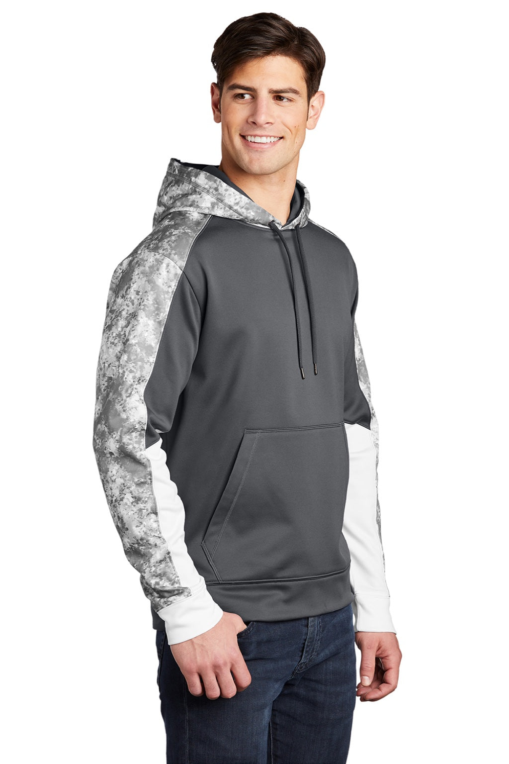Sport-Tek ST231 Mens Sport-Wick Mineral Freeze Moisture Wicking Fleece Hooded Sweatshirt Hoodie w/ Pouch Pocket Dark Smoke Grey Model 3q