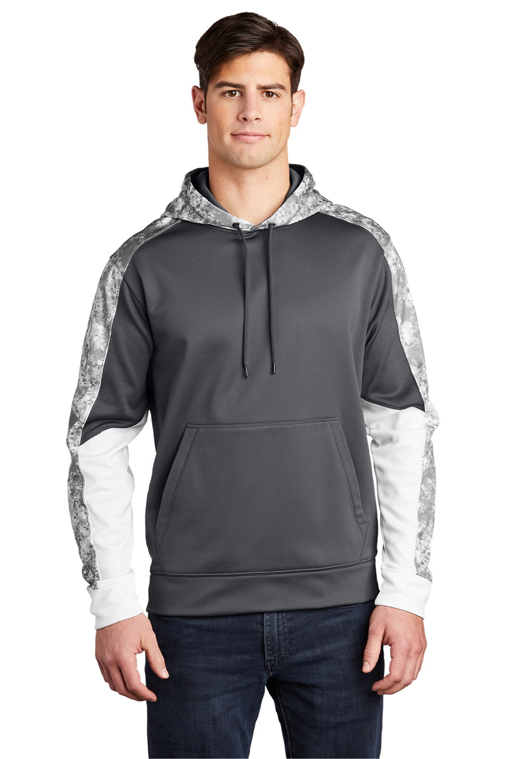 Sport-Tek ST231 Mens Sport-Wick Mineral Freeze Moisture Wicking Fleece Hooded Sweatshirt Hoodie w/ Pouch Pocket Dark Smoke Grey Model Front