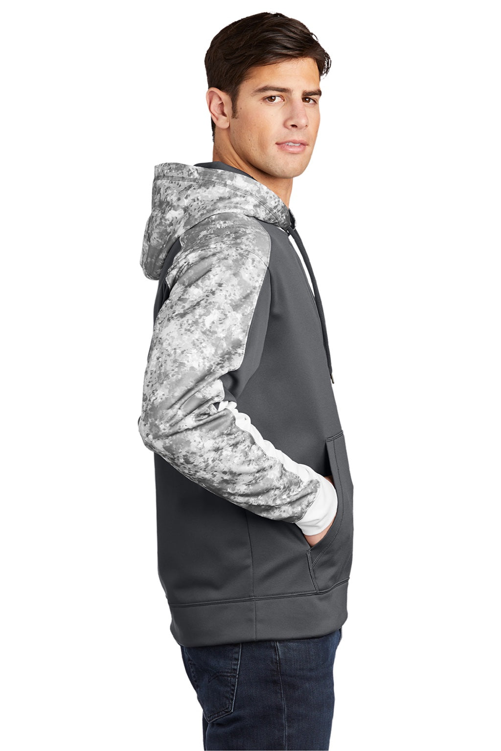 Sport-Tek ST231 Mens Sport-Wick Mineral Freeze Moisture Wicking Fleece Hooded Sweatshirt Hoodie w/ Pouch Pocket Dark Smoke Grey Model Side