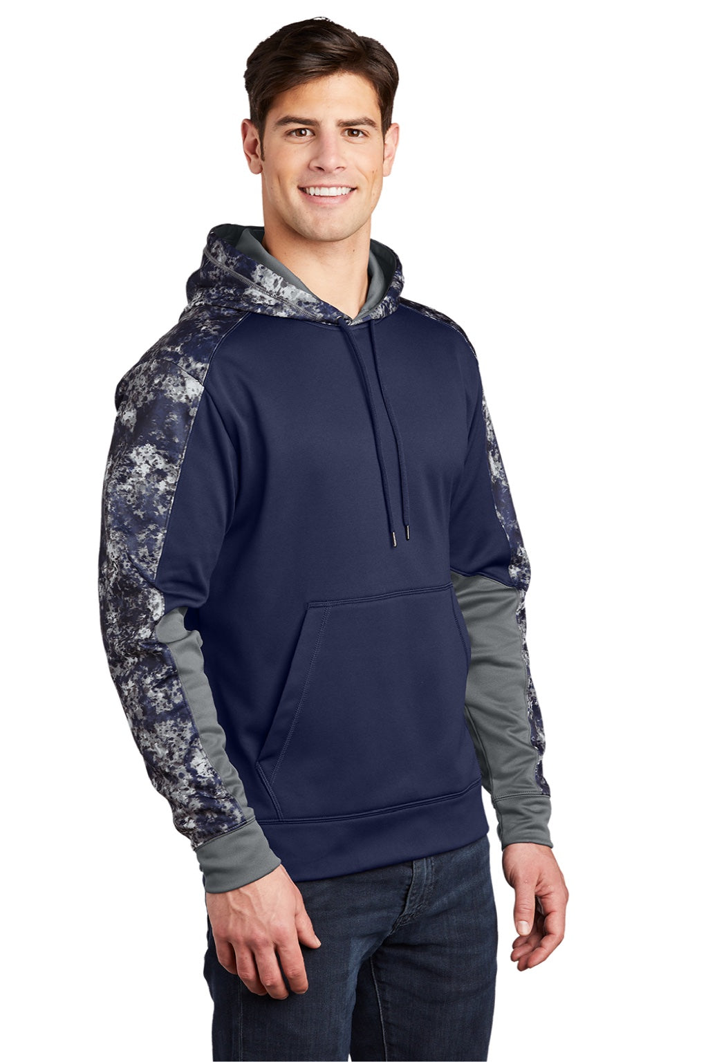 Sport-Tek ST231 Mens Sport-Wick Mineral Freeze Moisture Wicking Fleece Hooded Sweatshirt Hoodie w/ Pouch Pocket True Navy Blue Model 3q