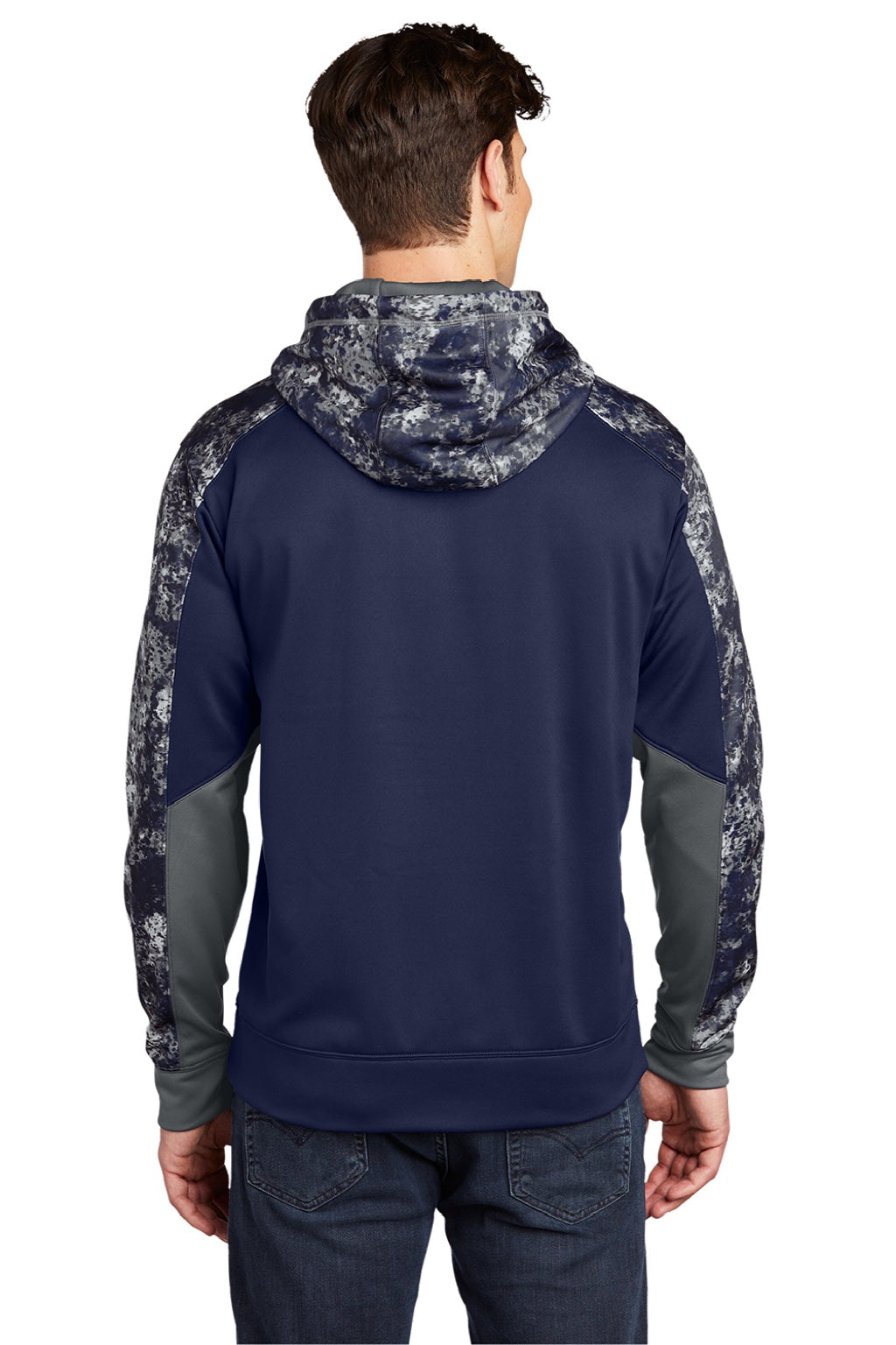 Sport-Tek ST231 Mens Sport-Wick Mineral Freeze Moisture Wicking Fleece Hooded Sweatshirt Hoodie w/ Pouch Pocket True Navy Blue Model Back