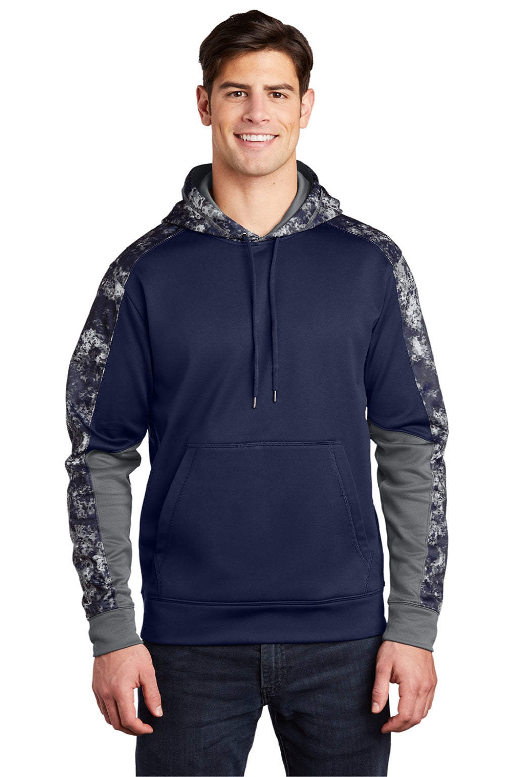 Sport-Tek ST231 Mens Sport-Wick Mineral Freeze Moisture Wicking Fleece Hooded Sweatshirt Hoodie w/ Pouch Pocket True Navy Blue Model Front