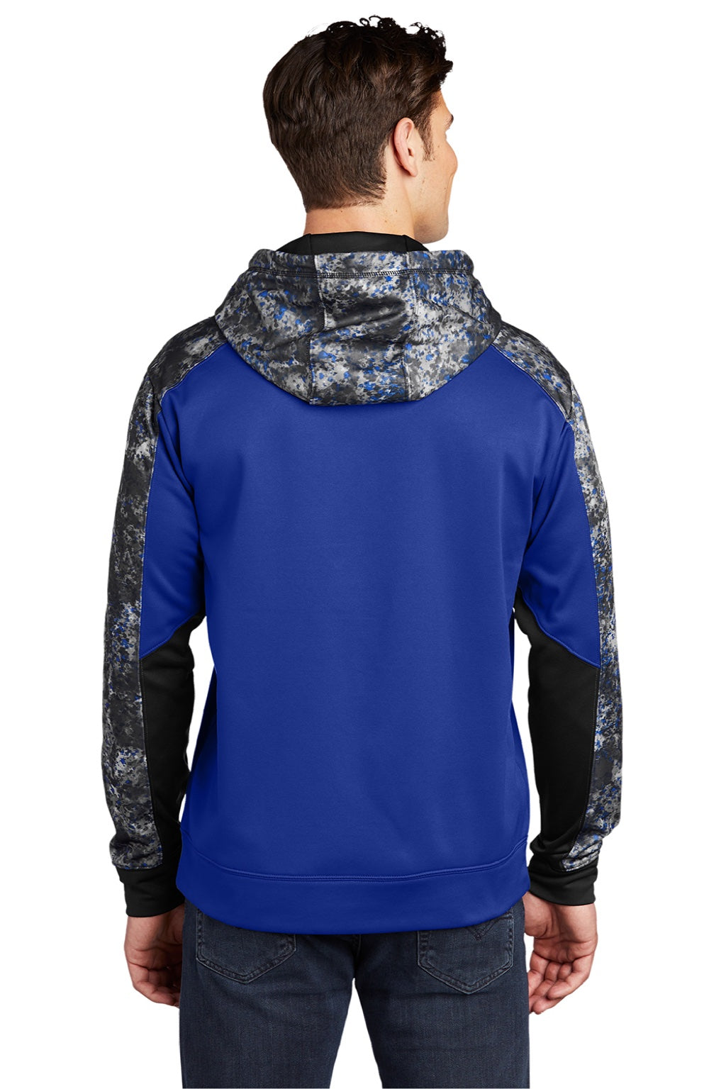 Sport-Tek ST231 Mens Sport-Wick Mineral Freeze Moisture Wicking Fleece Hooded Sweatshirt Hoodie w/ Pouch Pocket True Royal Blue Model Back